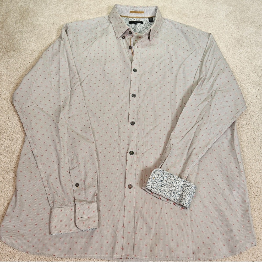 Premium Ted Baker London Button Down Shirt Men XL Grey Striped Red Geometric Dot